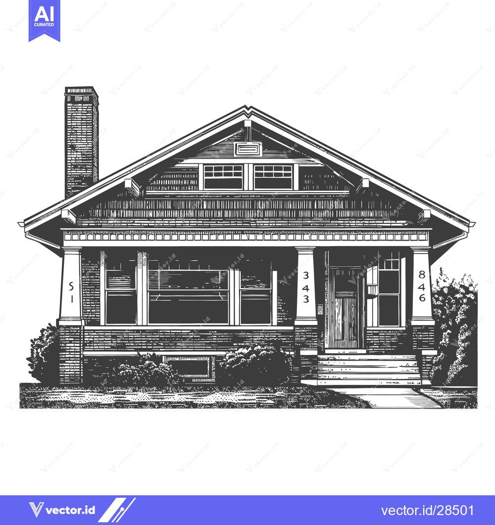 Premium Vector dari Bungalow Building Vector Engraving Style 430