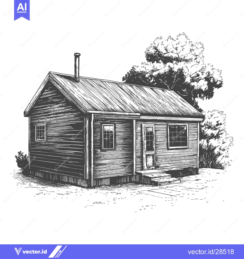 Premium Vector of Rustic Wooden Cabin Nestled Beside Lush Greenery