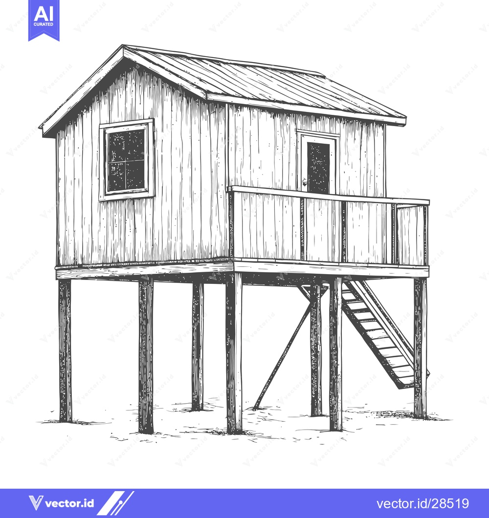 Premium Vector of Elevated Wooden Beach House with Deck and Stairs
