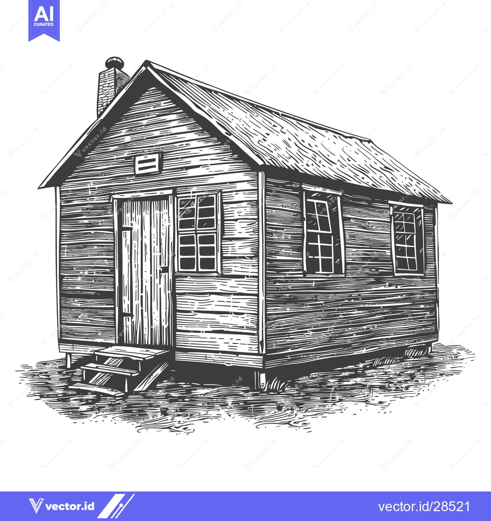 Premium Vector dari Rustic Wooden Cabin with Chimney and Steps