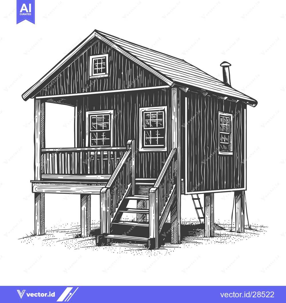 Premium Vector of Elevated Wooden Cabin with Porch and Stairs