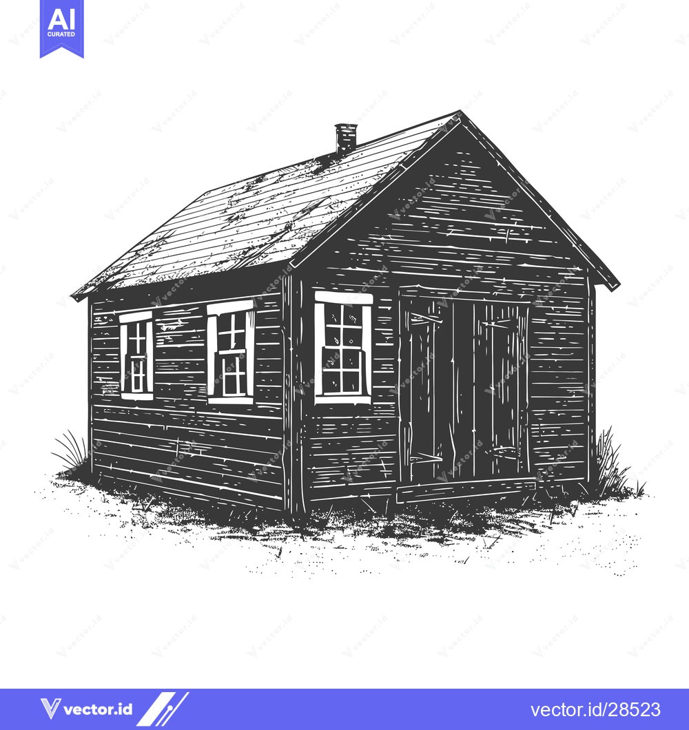 Premium Vector dari Weathered Wooden Cabin with Small Windows and Door