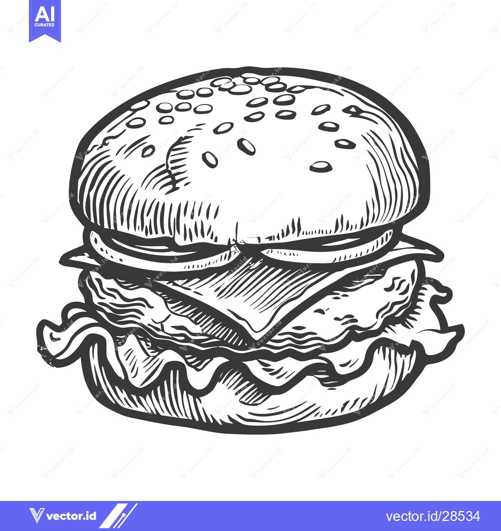 Premium Vector dari A detailed black and white sketch depicts a delicious burger