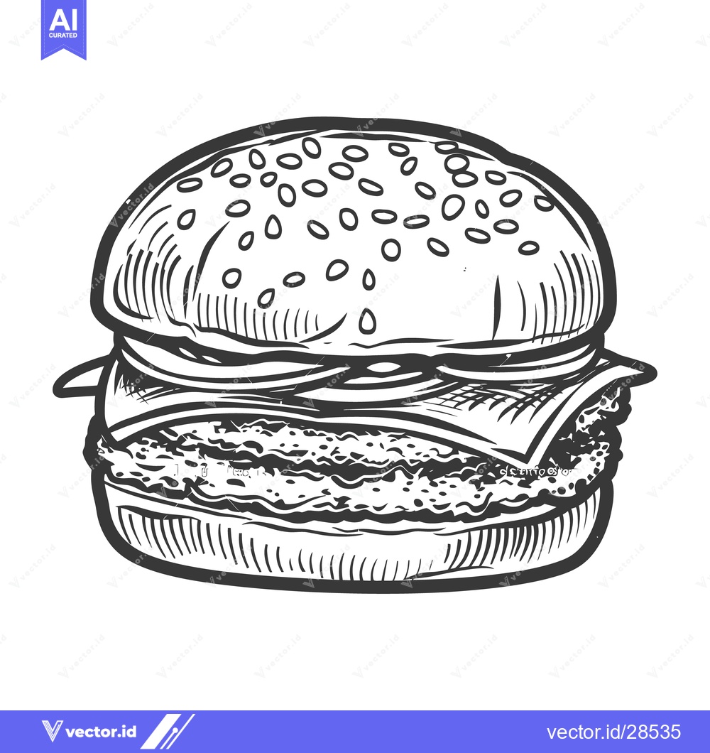 Premium Vector dari A detailed black and white illustration of a delicious hamburger