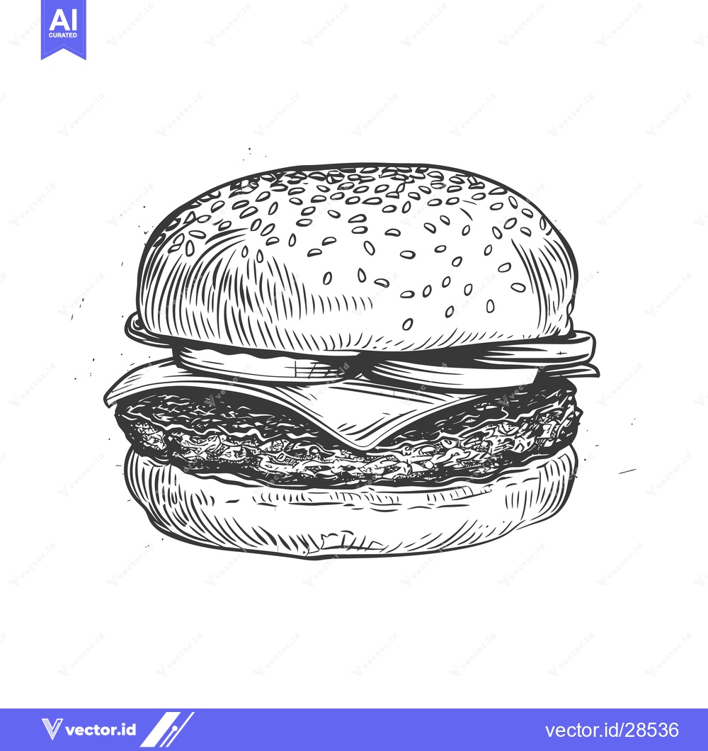Premium Vector of A detailed black and white illustration of a hamburger sandwich
