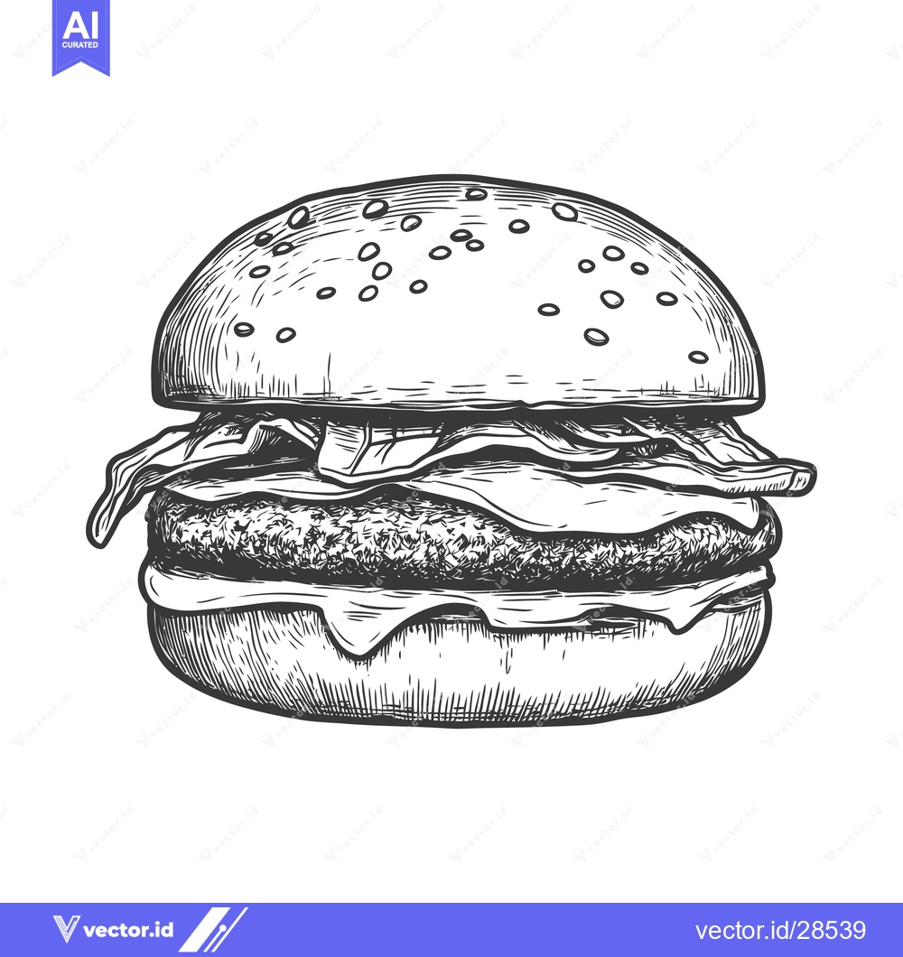 Premium Vector dari A detailed black and white drawing of a delicious hamburger