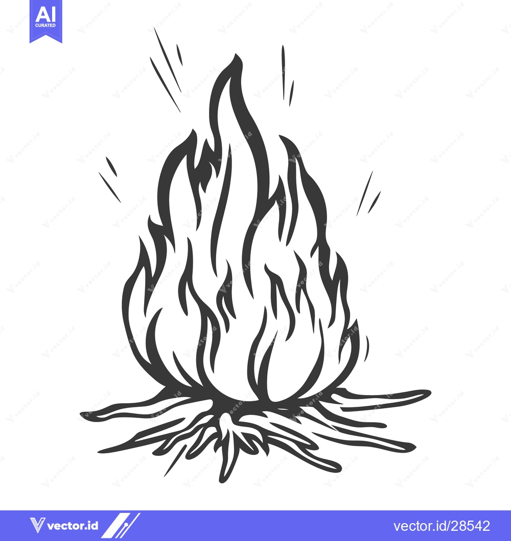 Premium Vector of Black and white illustration depicts a burning campfire on white backg