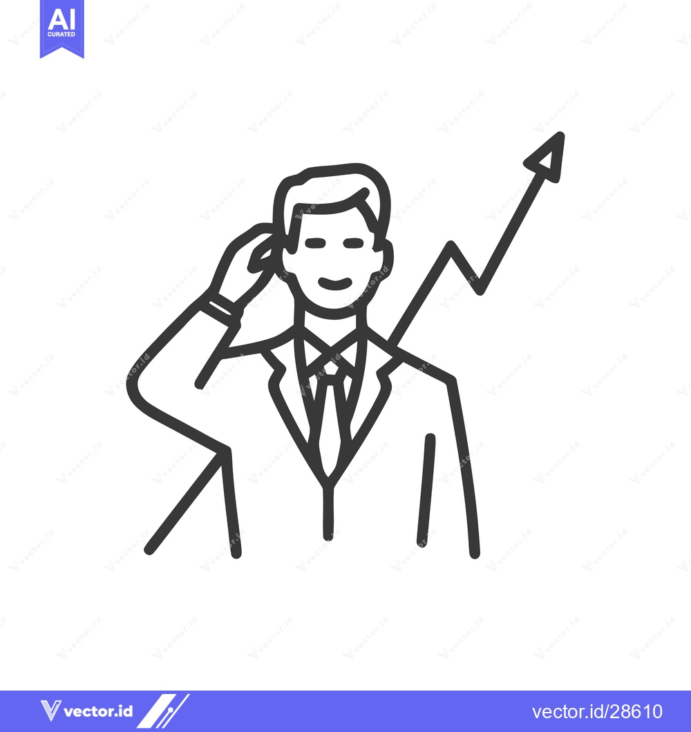 Premium Vector of Line Art: Smiling Businessman with Upward Trend Arrow Symbolizing Succ