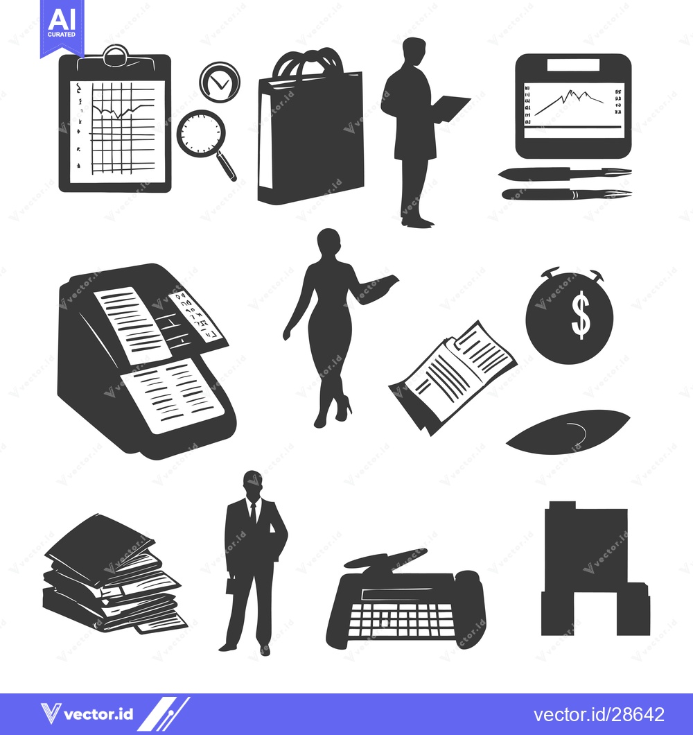 Premium Vector of Business Office Essentials, Black and White Silhouettes