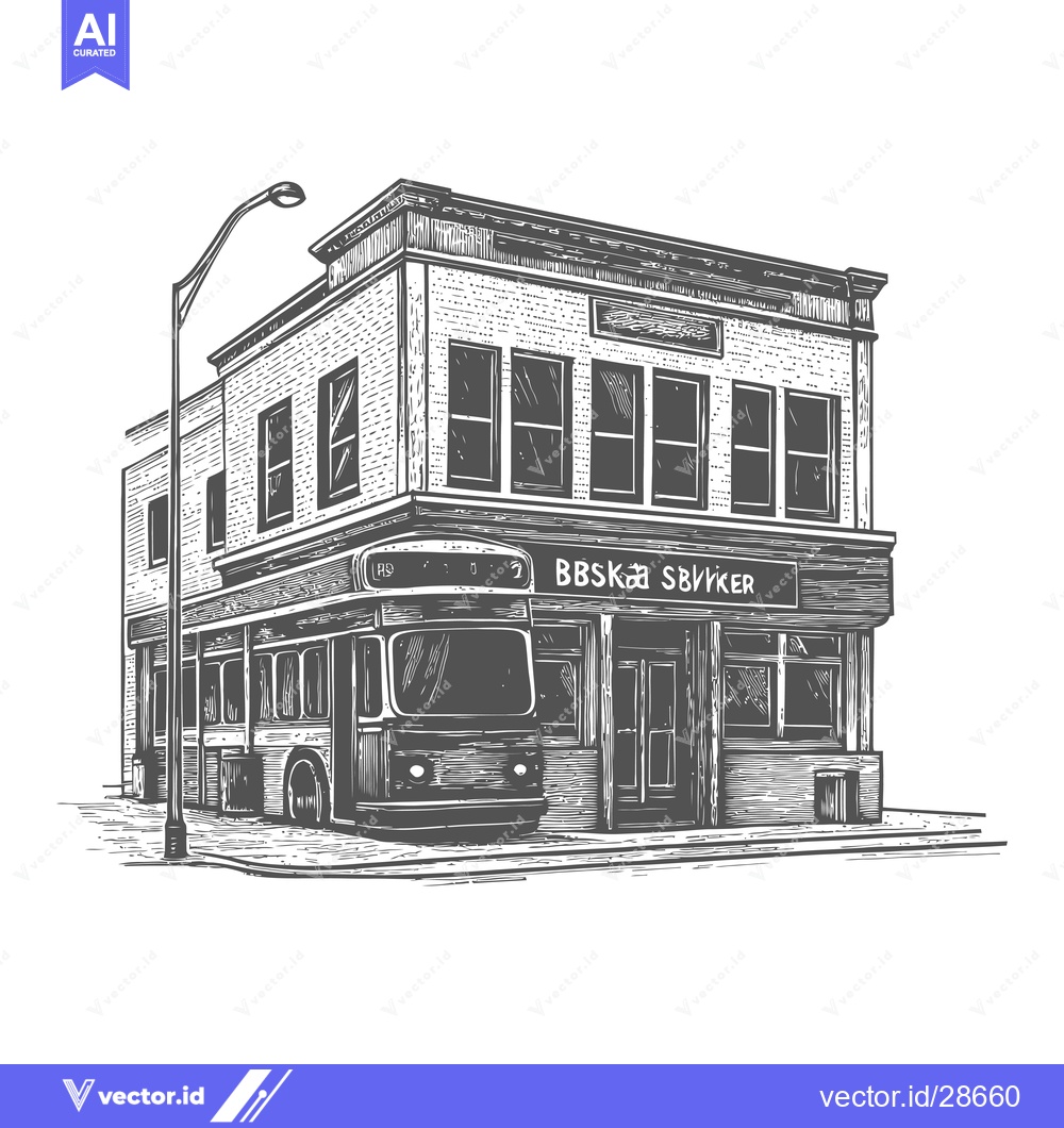 Premium Vector dari Vintage Cityscape Featuring a Bus and Building