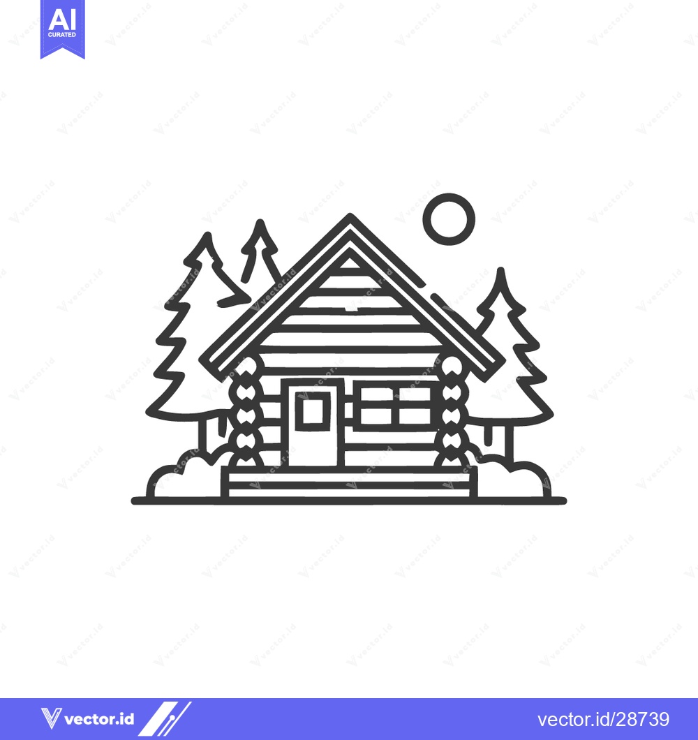 Premium Vector dari Minimalist Log Cabin Icon with Pine Trees and Moon in Black and White