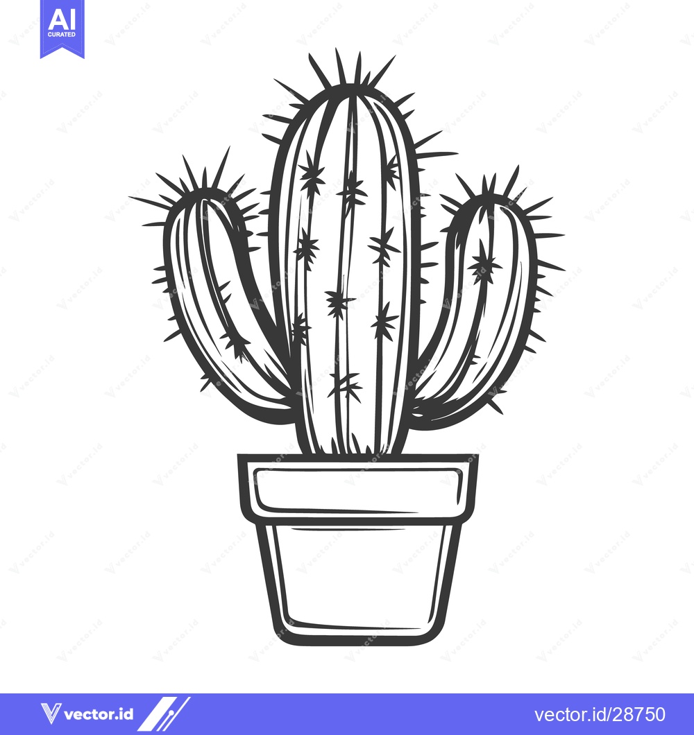 Premium Vector of A potted cactus illustration showcasing sharp needles and graphic line