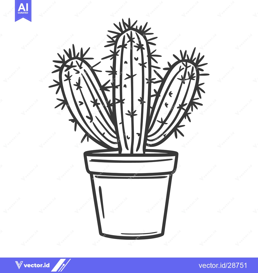 Premium Vector dari An illustrative black and white drawing of a potted cactus plant