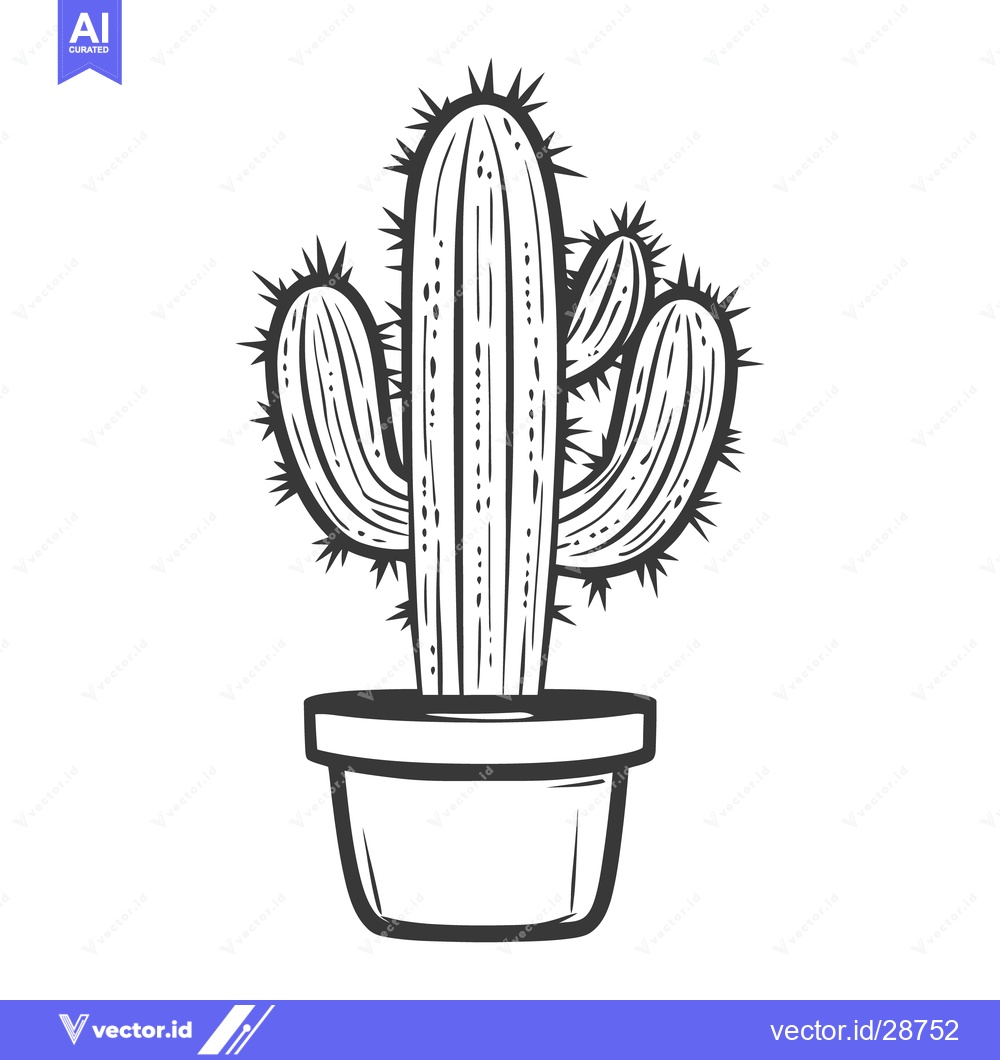Premium Vector of A detailed monochrome illustration depicting a potted cactus plant