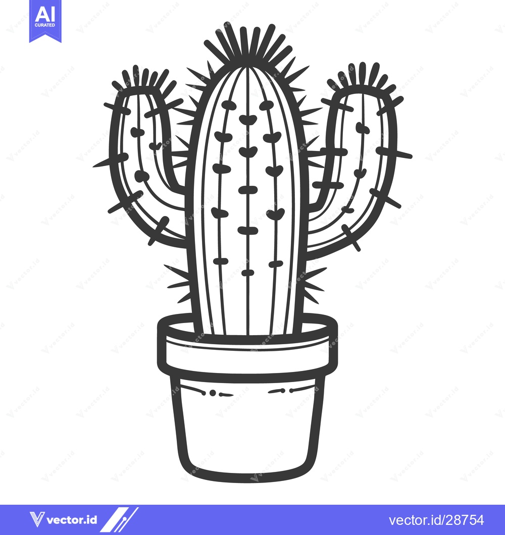 Premium Vector dari A simple black and white cactus plant illustration in a pot