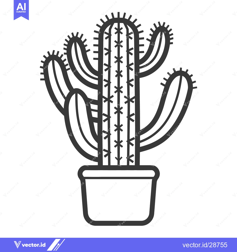 Premium Vector of A stylized black and white illustration of a potted cactus plant