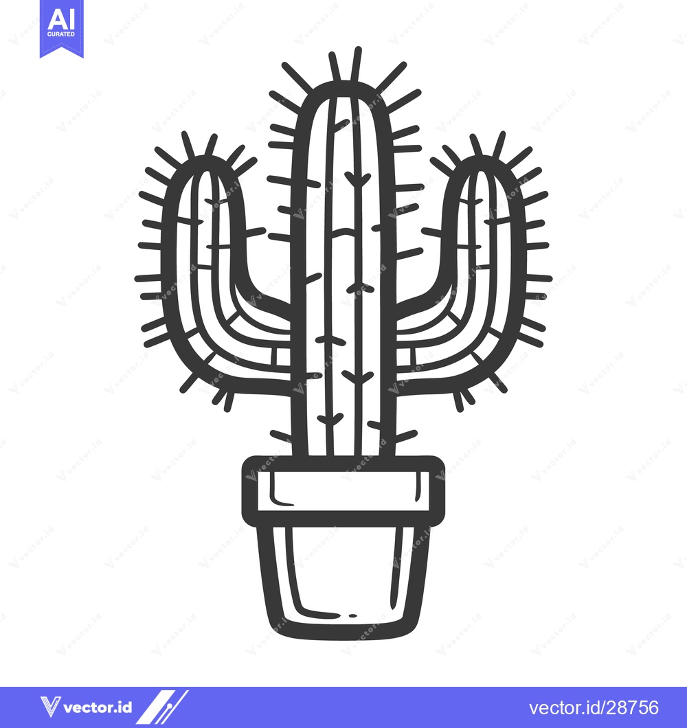 Premium Vector dari A black and white illustration of a potted cactus plant