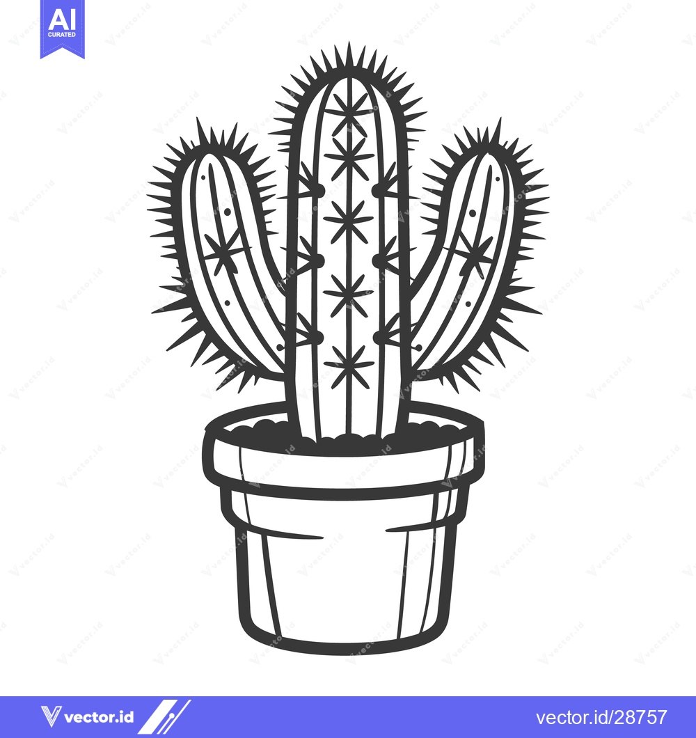 Premium Vector dari Black and white illustration of a potted cactus plant