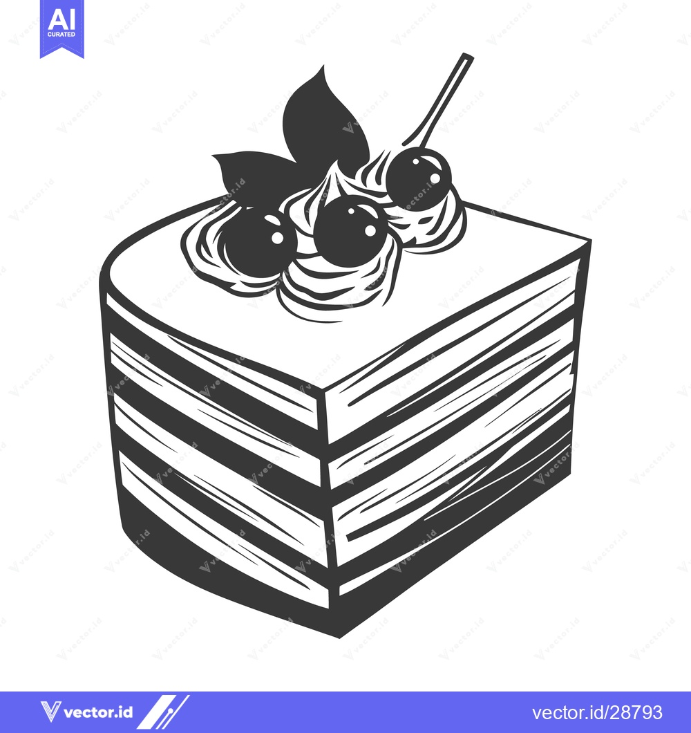 Premium Vector dari A sliced layered cake decorated with cherries and cream illustration