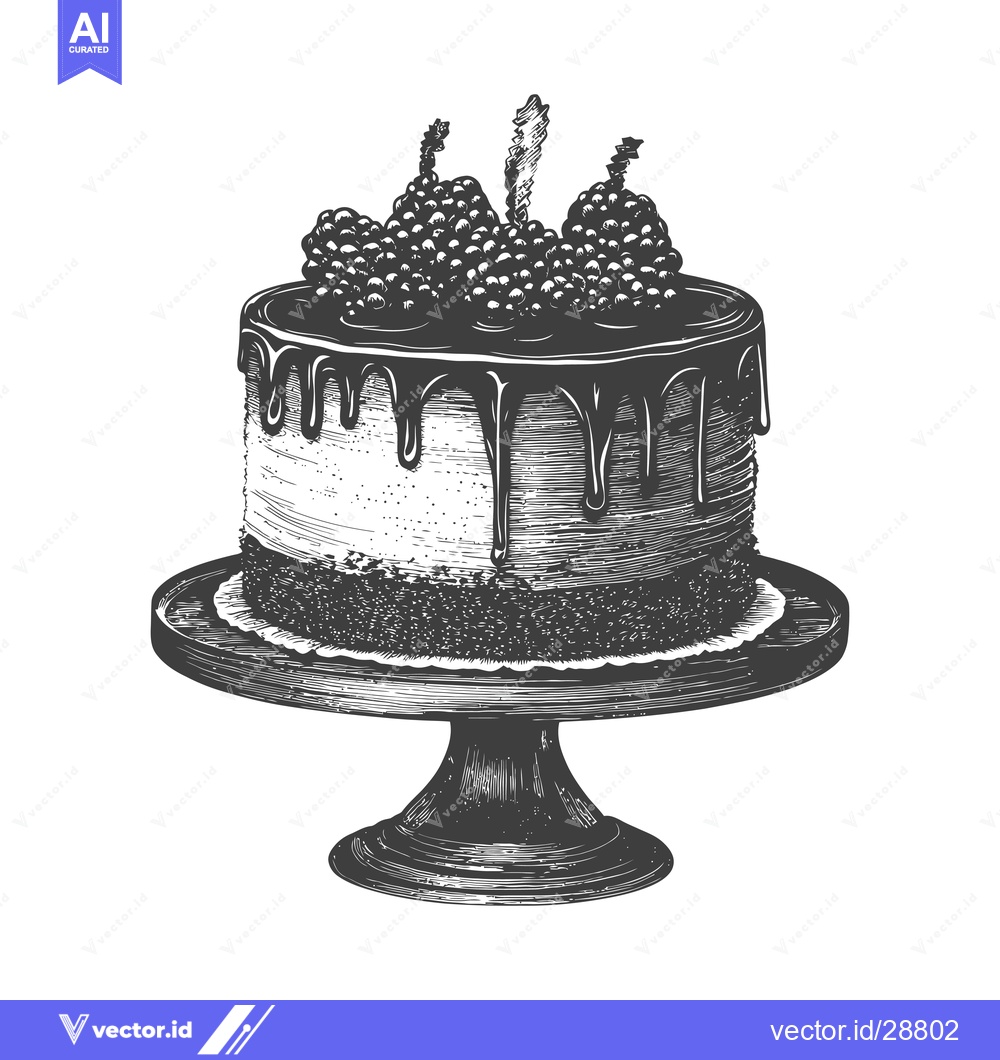 Premium Vector of Delicious Blackberry Cake With Chocolate Drizzle And Candle