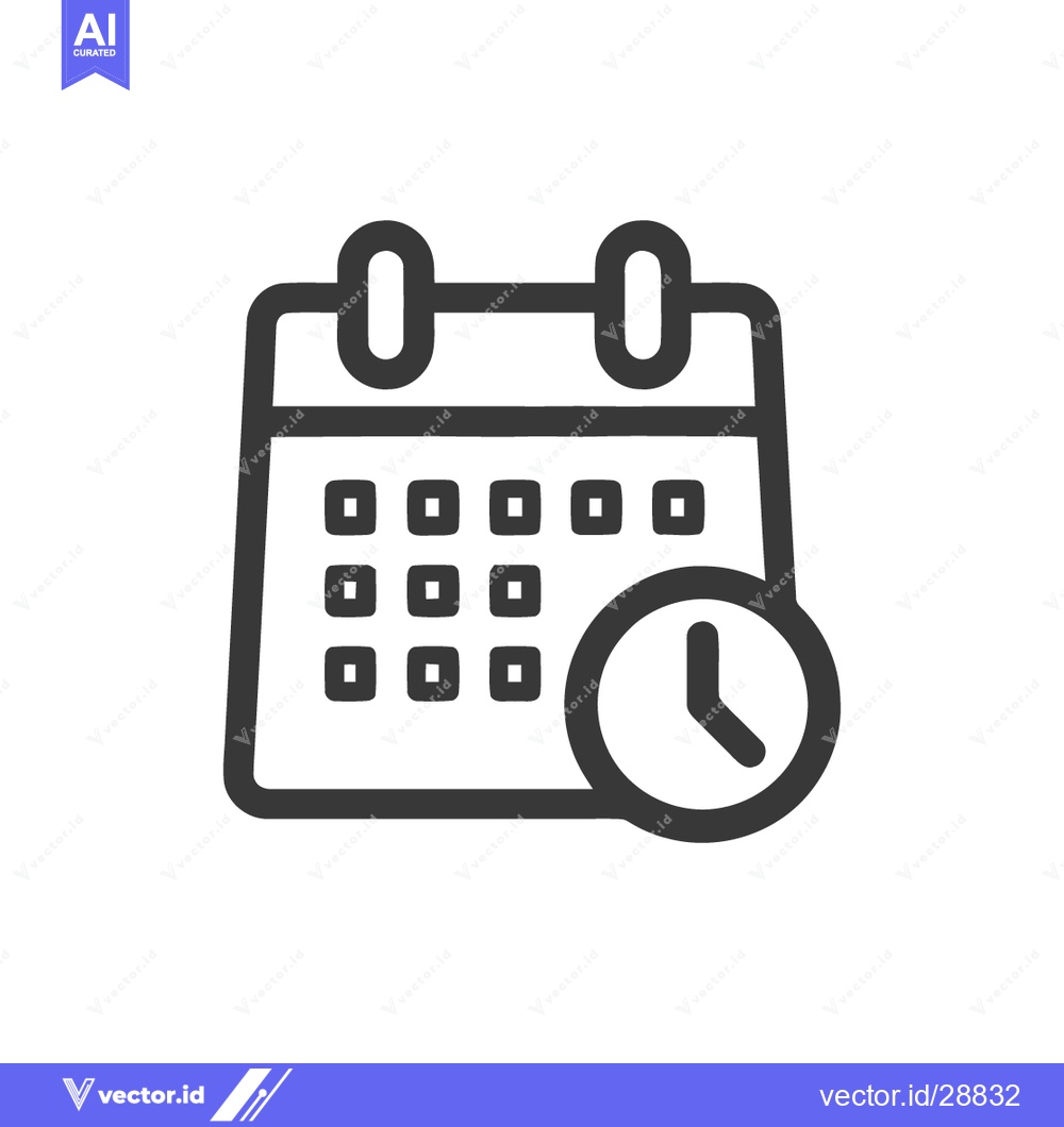 Premium Vector of Minimalist Calendar Icon with Clock, Black Outline on White Background