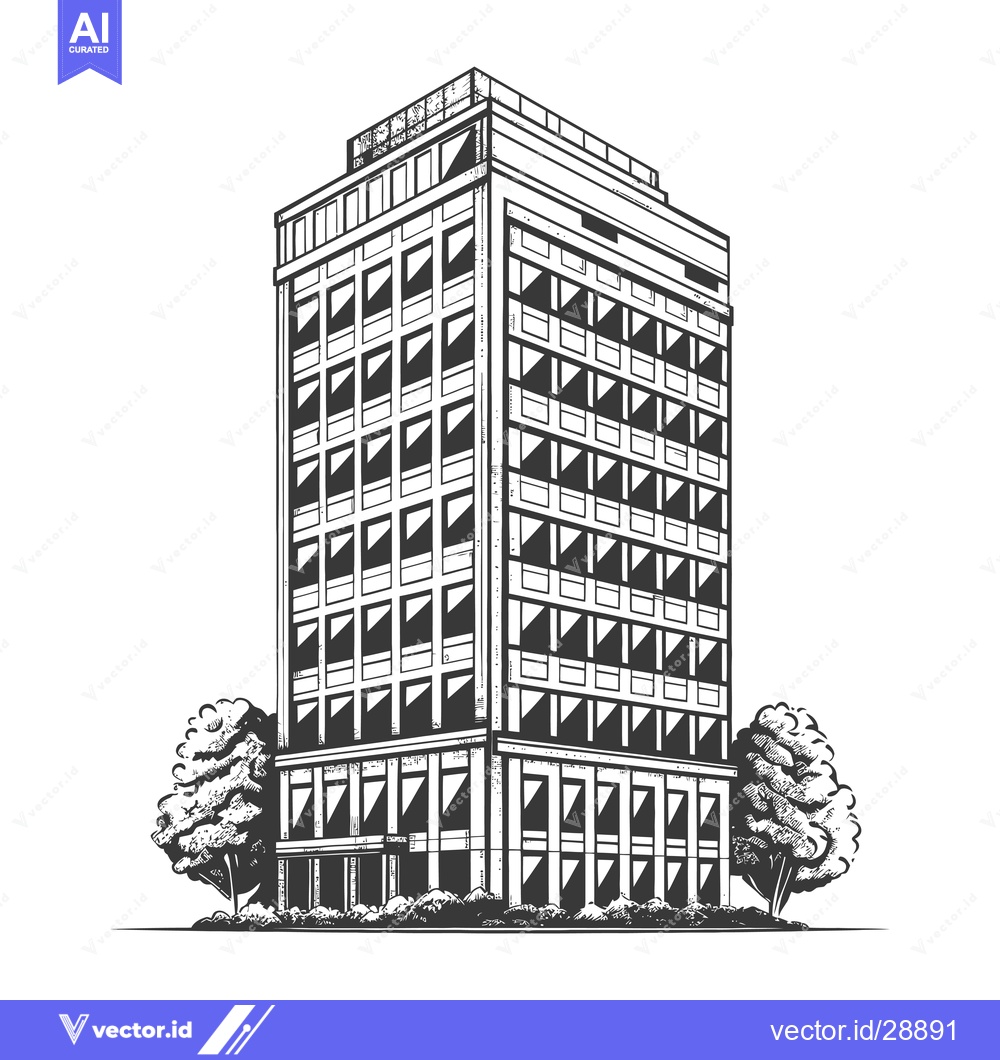 Premium Vector dari Modern Office Building Sketch with Landscaping