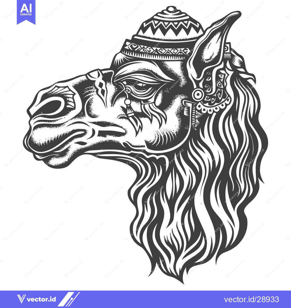 Premium Vector of Camel Head with Traditional Patterned Hat and Earring