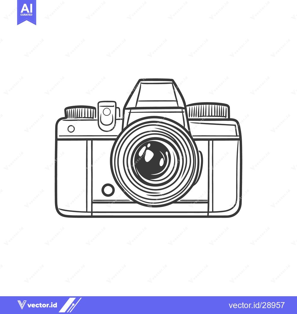 Premium Vector of An outlined image of a vintage camera in grayscale illustration
