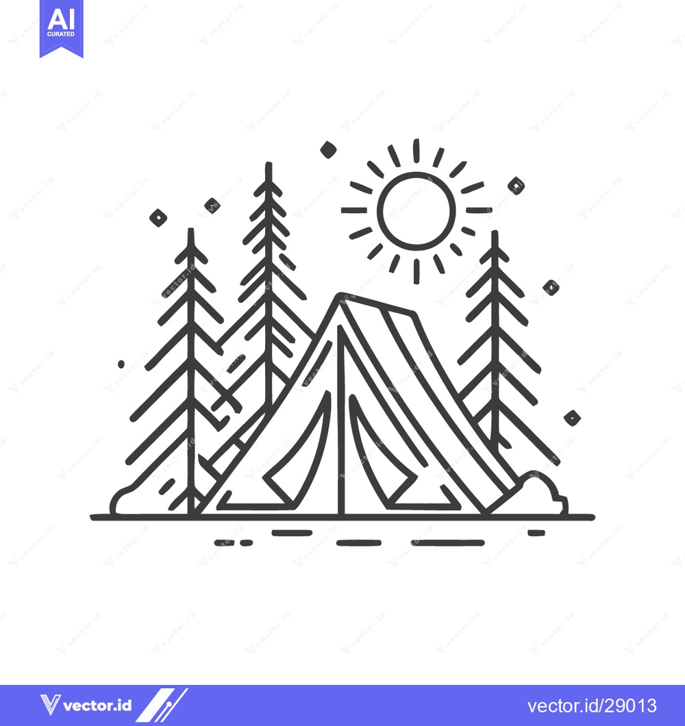 Premium Vector dari Minimalist Camping Scene: Tent, Trees, and Sun in Line Art Style