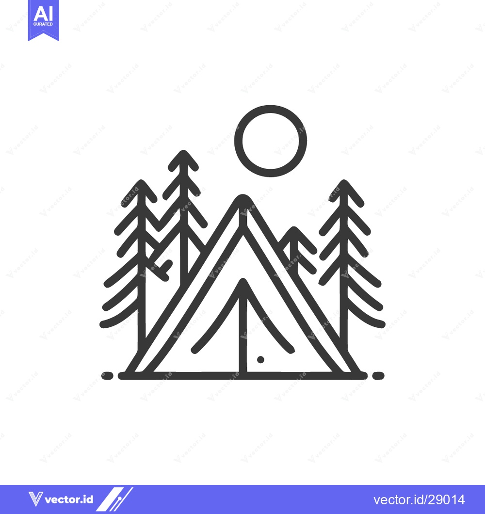 Premium Vector dari Minimalist Camping Icon: Tent, Trees, and Sun in Simple Line Art Style