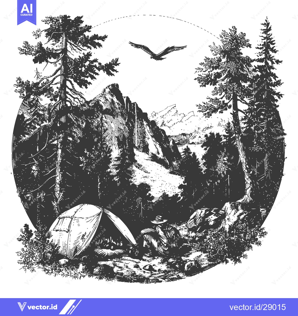 Premium Vector of Camping in a Mountainous Forest with a Flying Bird