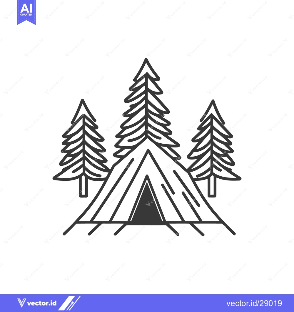 Premium Vector of A simple illustration depicting a campsite with surrounding pine trees