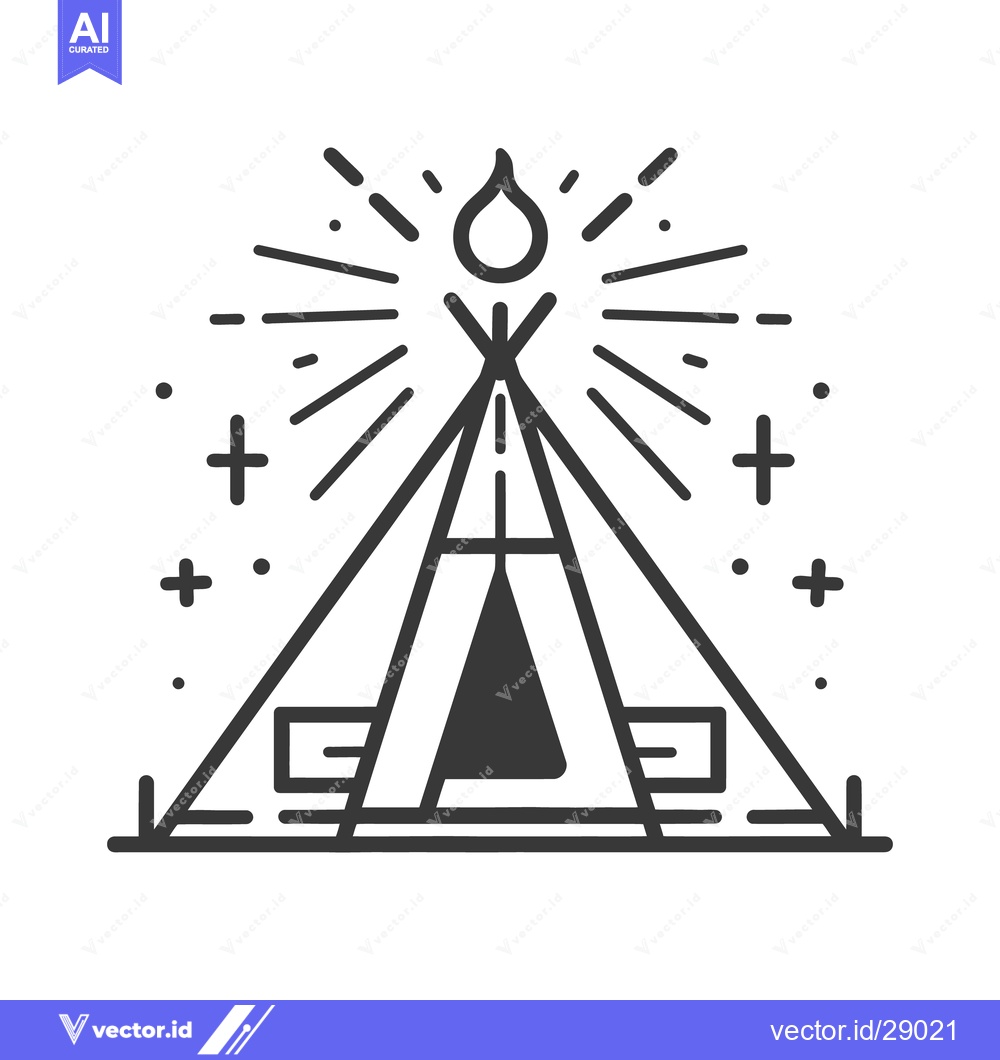 Premium Vector of A black and white illustration of a campsite with a fire