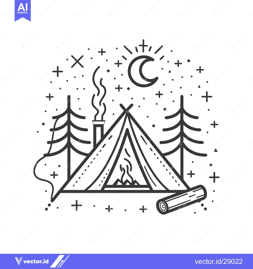 Premium Vector of Simple illustration depicts a camping scene under a starry night sky
