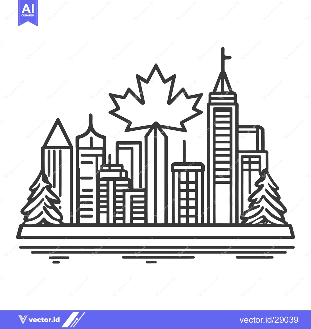 Premium Vector dari A black and white line drawing of a cityscape with trees