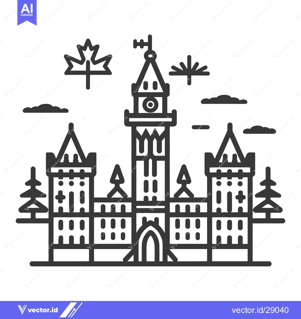 Premium Vector of Vector line art depiction of a grand building and symbols