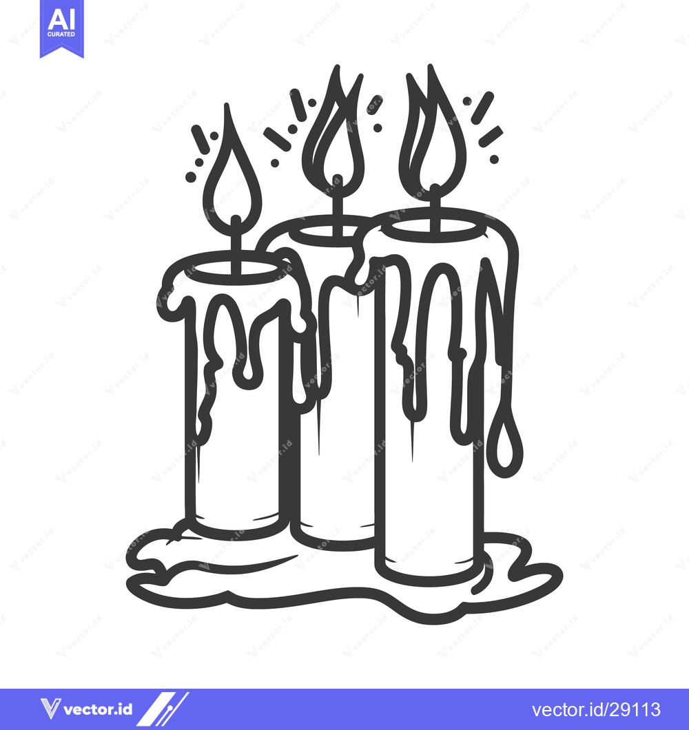 Premium Vector dari Three Lit Candles With Wax Drippings and a Black Outline
