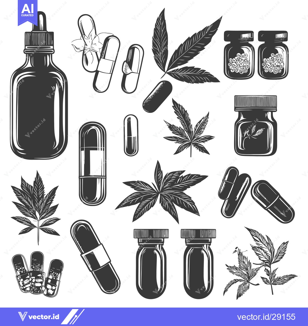 Premium Vector of Cannabis Products: Oils, Capsules, and Leaves