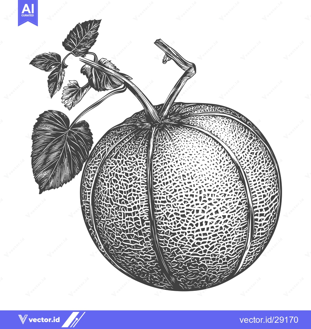 Premium Vector dari A Detailed Illustration of a Cantaloupe with Leaves