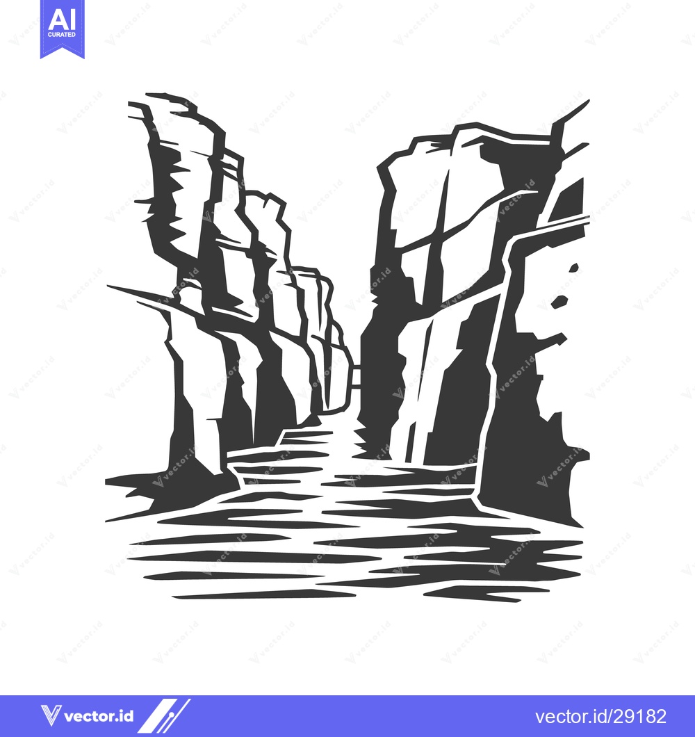 Premium Vector of A black and white illustration depicting a canyon landscape scene