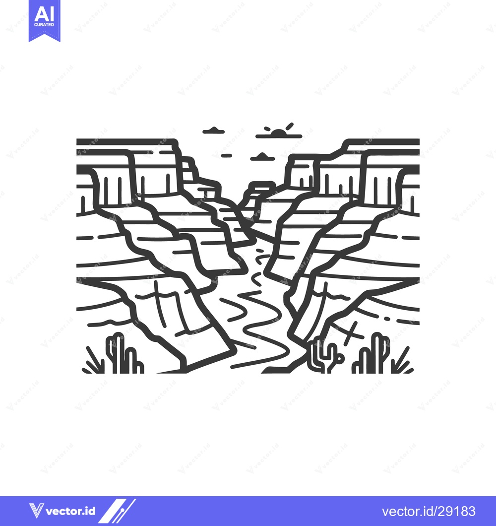 Premium Vector of A stylized black and white illustration of a scenic canyon landscape