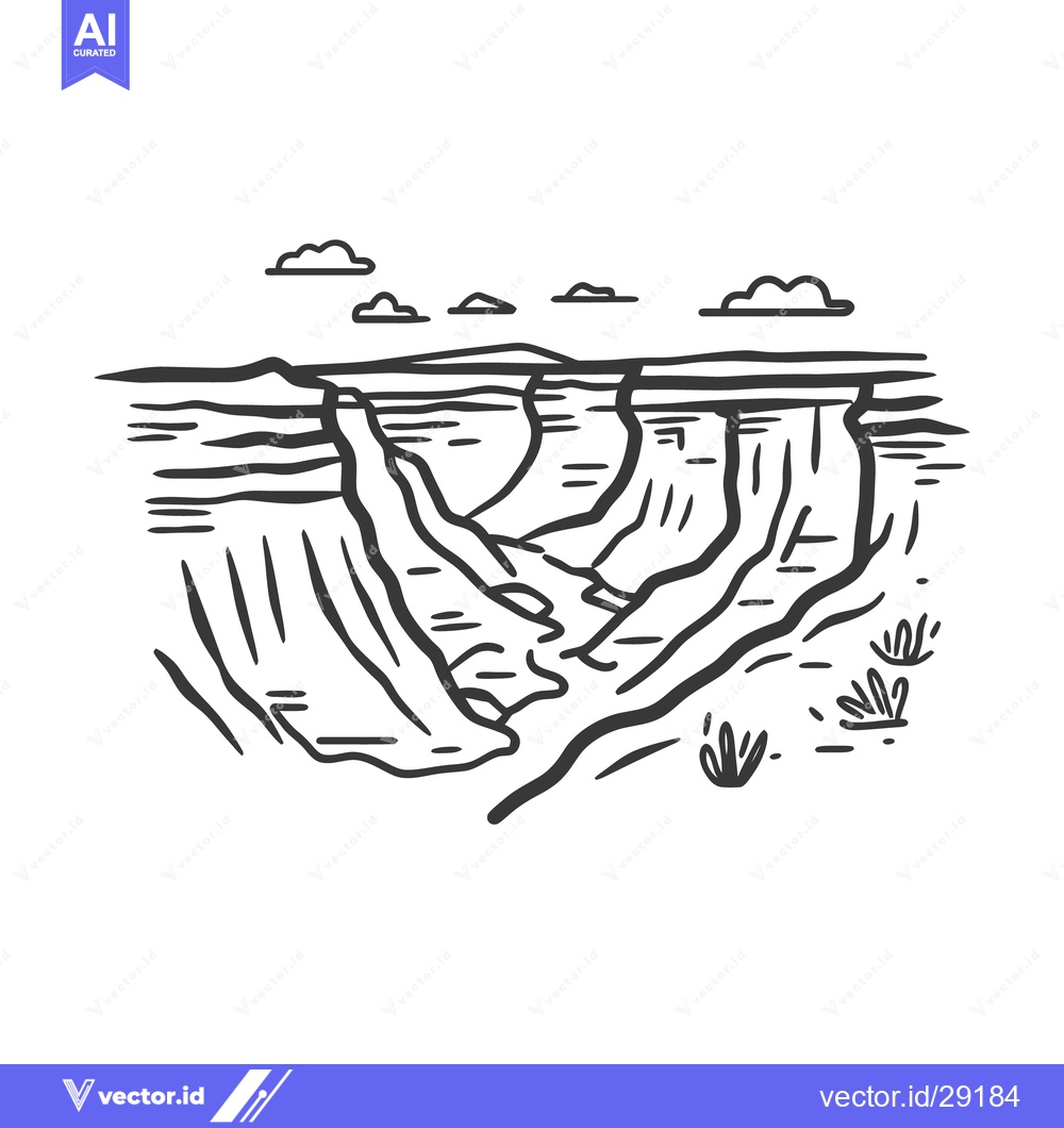 Premium Vector dari A black and white illustration depicts a canyon landscape with clouds