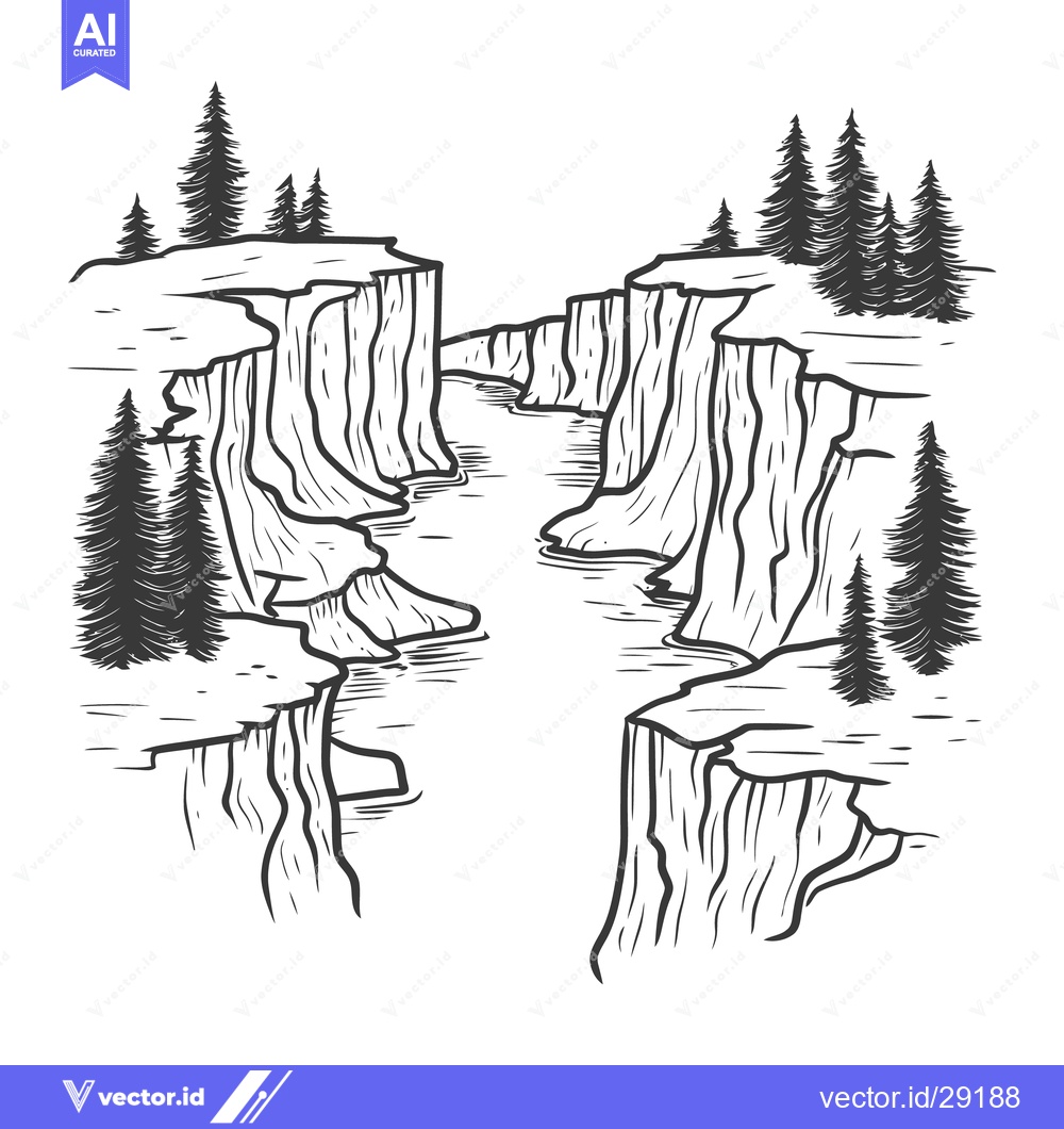 Premium Vector of An artistic illustration of a canyon with river and trees