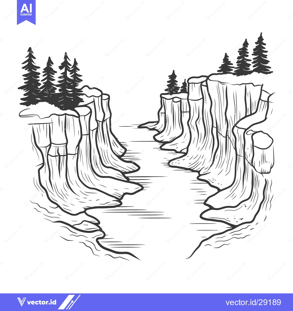 Premium Vector of A monochrome image displaying a canyon with surrounding trees and wate