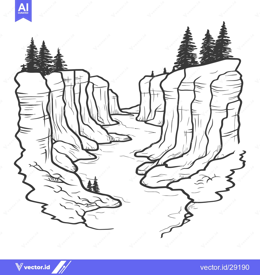 Premium Vector of A detailed black and white illustration of a canyon landscape