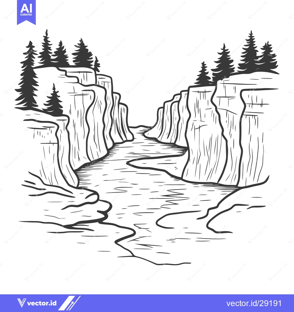 Premium Vector dari A black and white illustration of a canyon with trees