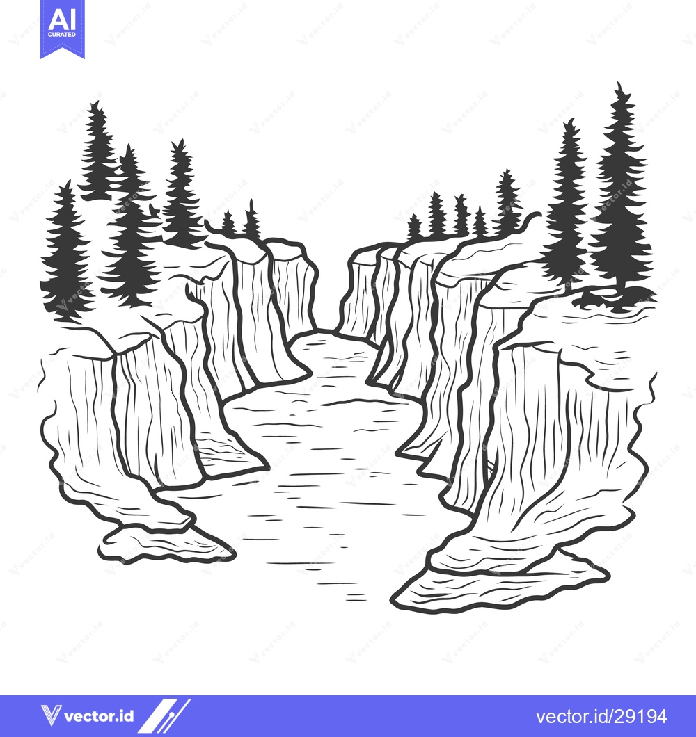 Premium Vector of A detailed black and white landscape illustration featuring a river an