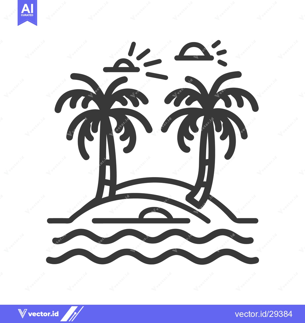 Premium Vector of Two palm trees on a small island with sun and waves