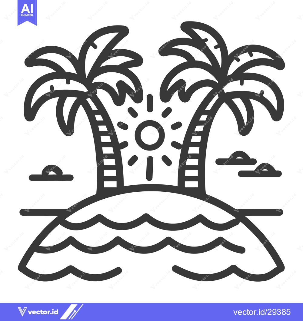 Premium Vector dari Tropical island scene featuring two palm trees with sun and ocean