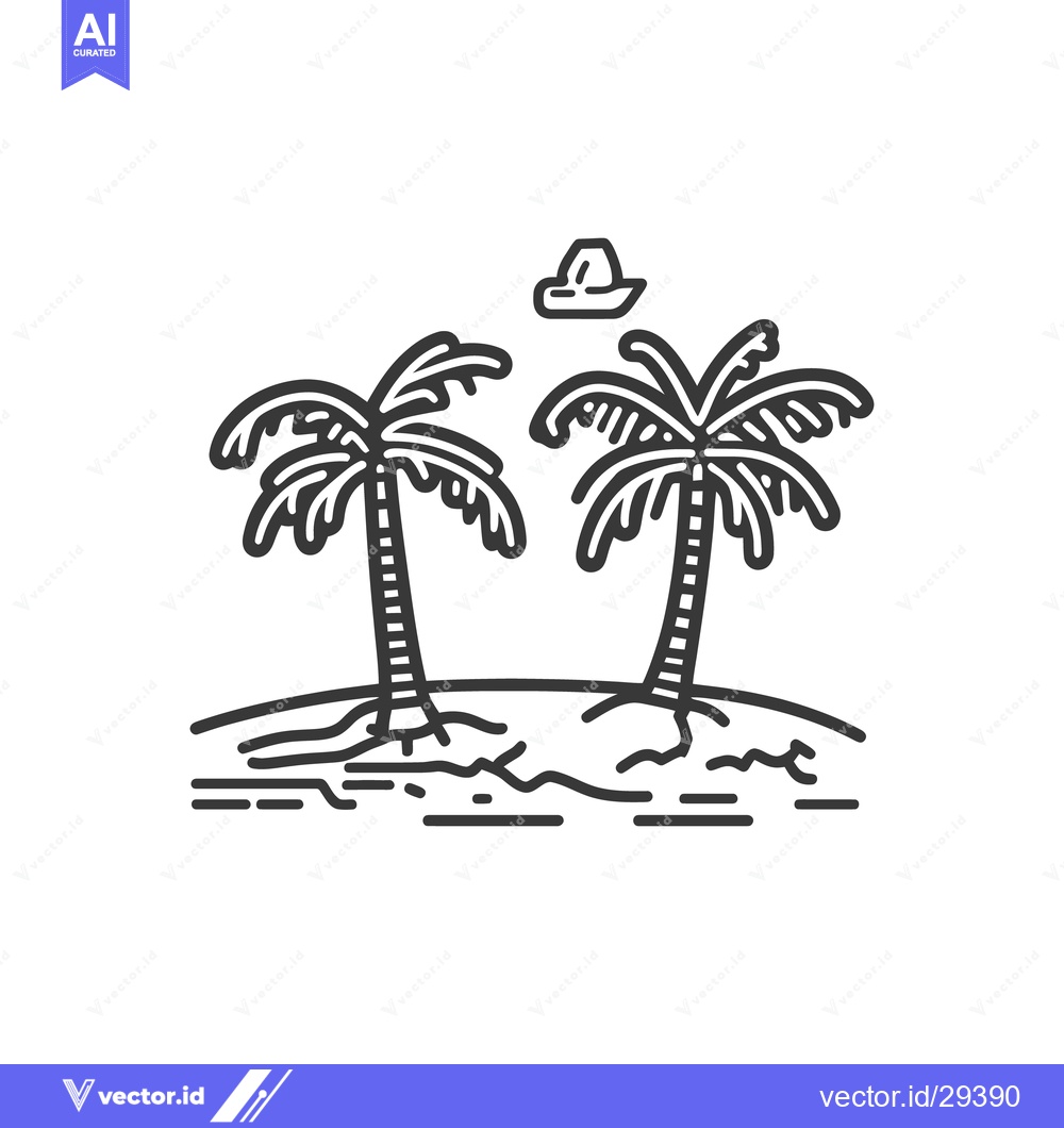 Premium Vector dari Two palm trees on a sandy island with a small boat above